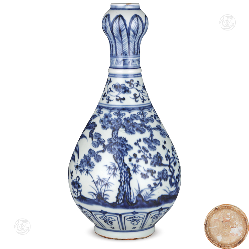 元末明初青花歲寒三友蒜頭瓶